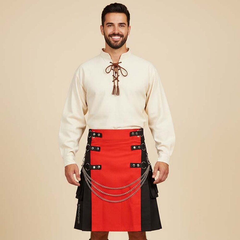 Men’s Black Utility Kilt Red Apron Removable Chains Adjustable Scottish Wear